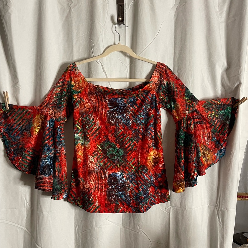 Red and Blue Ruffled Off-Shoulder Blouse with Bell Sleeves